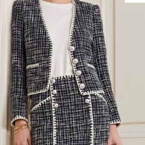 Veronica Beard Navy and White Tweed Embroidered Button Up Blazer Size 6